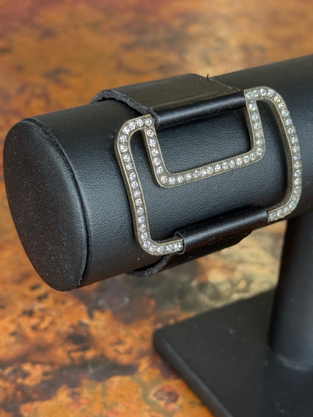 Black Leather Cuff Bracelet with Crystal-Embellished Bronze Buckle 2 Snap Close - Picture 4 of 11